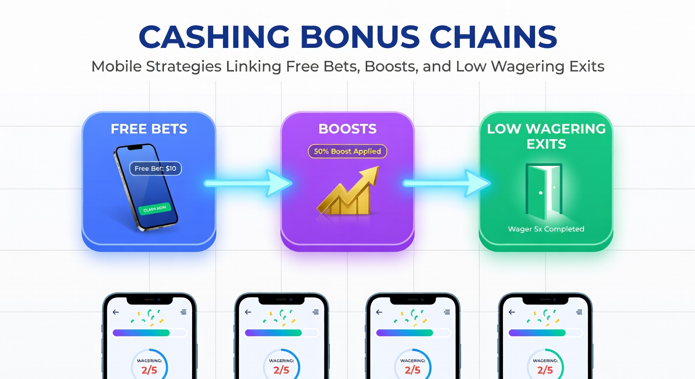 Illustration of odds boost icons chaining with free bet tokens on a mobile betting interface, leading to a cashout button