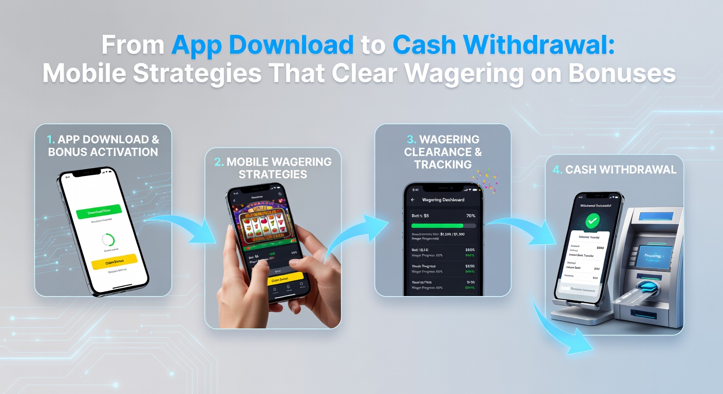 Smartphone screen displaying a betting app interface with bonus notifications and wagering progress bar, highlighting seamless mobile navigation from signup to payout