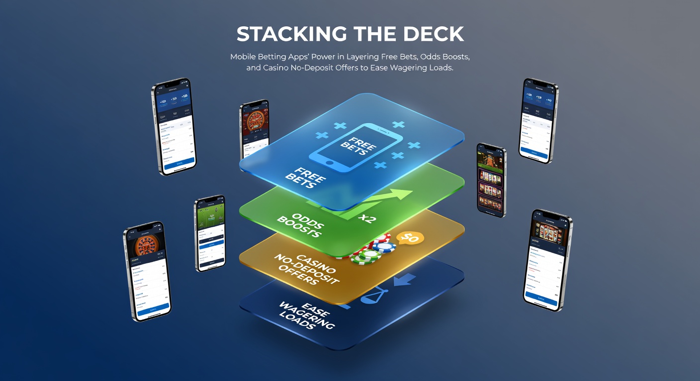 Smartphone screen displaying layered betting promotions including free bets, odds boosts, and casino no-deposit offers on a mobile app interface