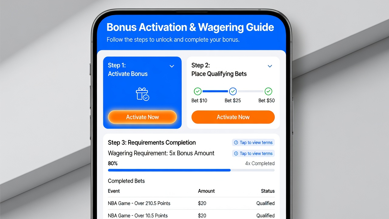 Close-up of mobile app showing wagering progress tracker and bonus terms summary