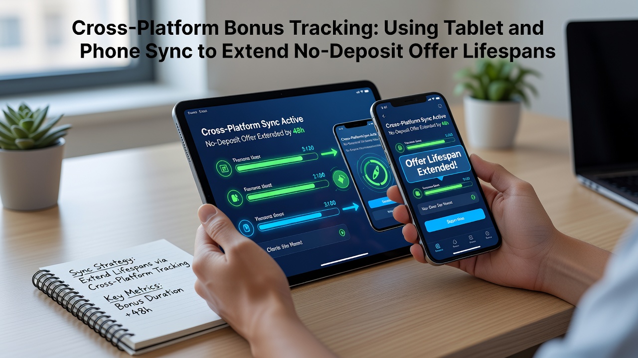 Tablet and smartphone displaying synchronized bonus tracking interfaces for no-deposit offers