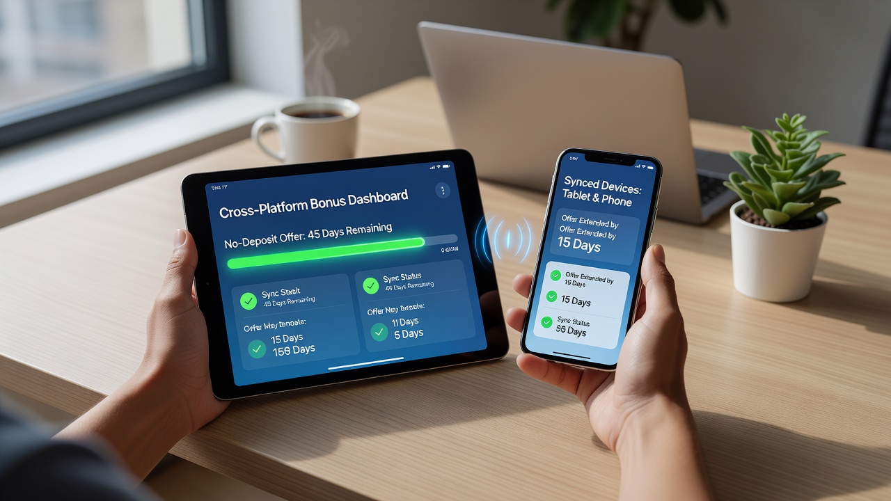 Close-up of synchronized mobile and tablet screens showing extended bonus timelines and tracking metrics