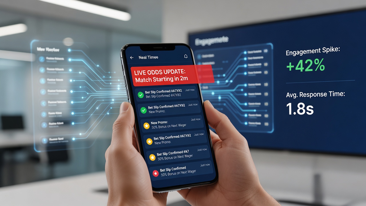 Analytics dashboard showing notification open rates and bonus claim statistics for mobile betting users