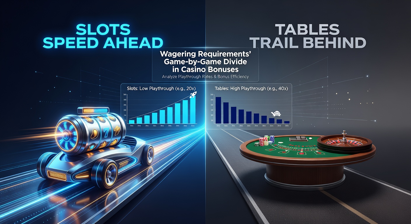 Infographic comparing wagering contribution bars: slots at 100%, blackjack at 10%, roulette at 20%, with bonus icons speeding along slot lanes while tables lag