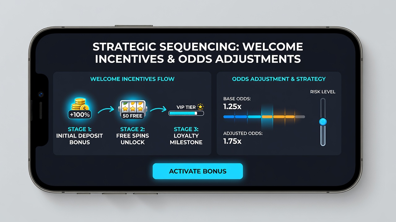 Smartphone screen displaying sequenced welcome bonuses and dynamic odds in a mobile gambling app interface