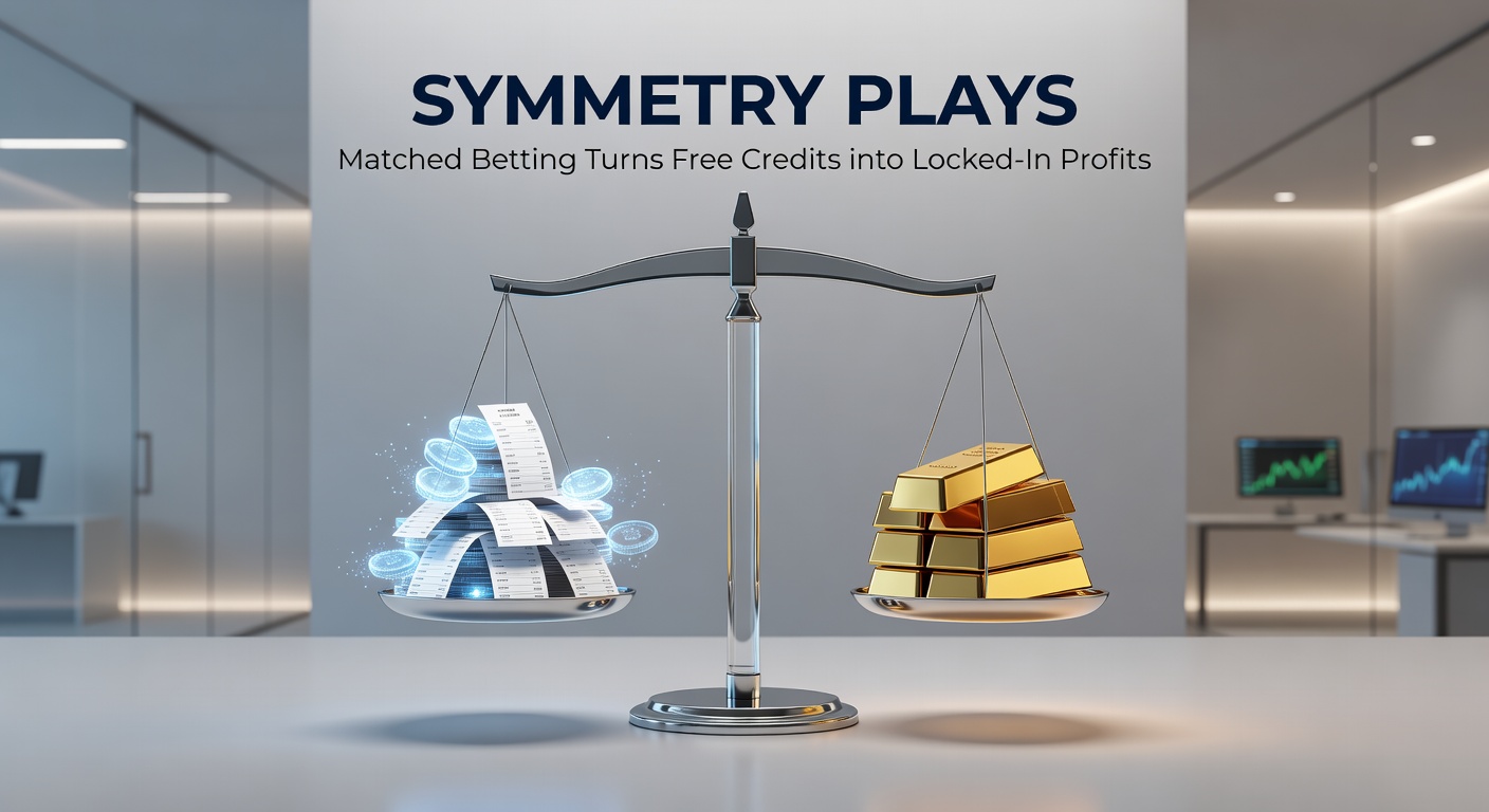 Diagram illustrating a symmetry play in matched betting, with balanced stakes on opposing outcomes from free credits yielding locked-in profit