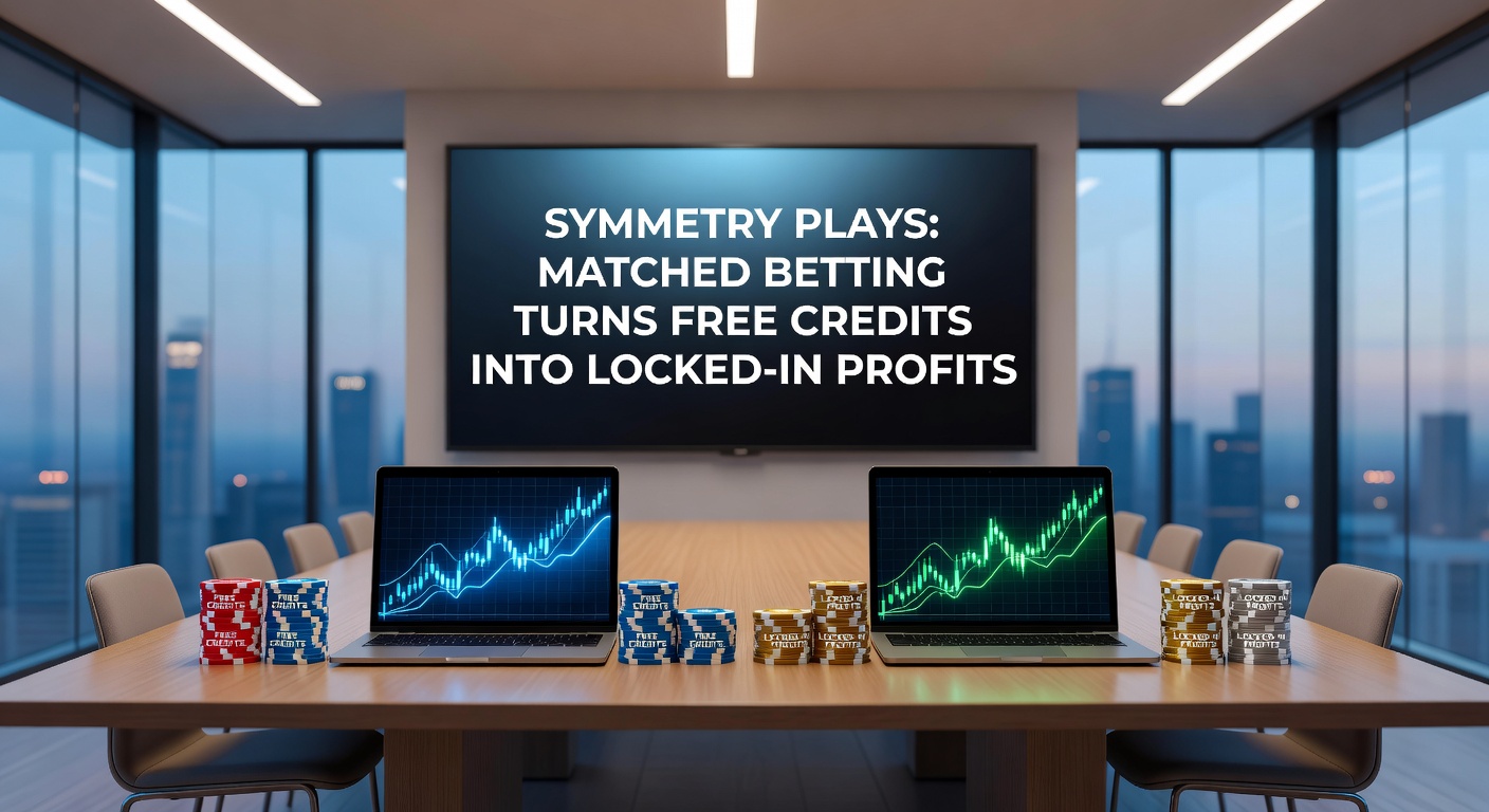 Visual breakdown of a symmetry play calculation, showing back stake with free bet, lay liability on exchange, and resulting guaranteed profit after commission