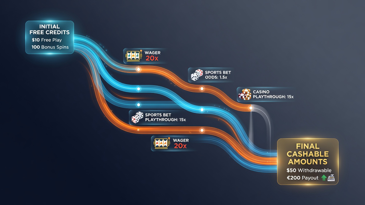 Diagram showing the flow of free credits through wagering stages in a mobile betting app interface