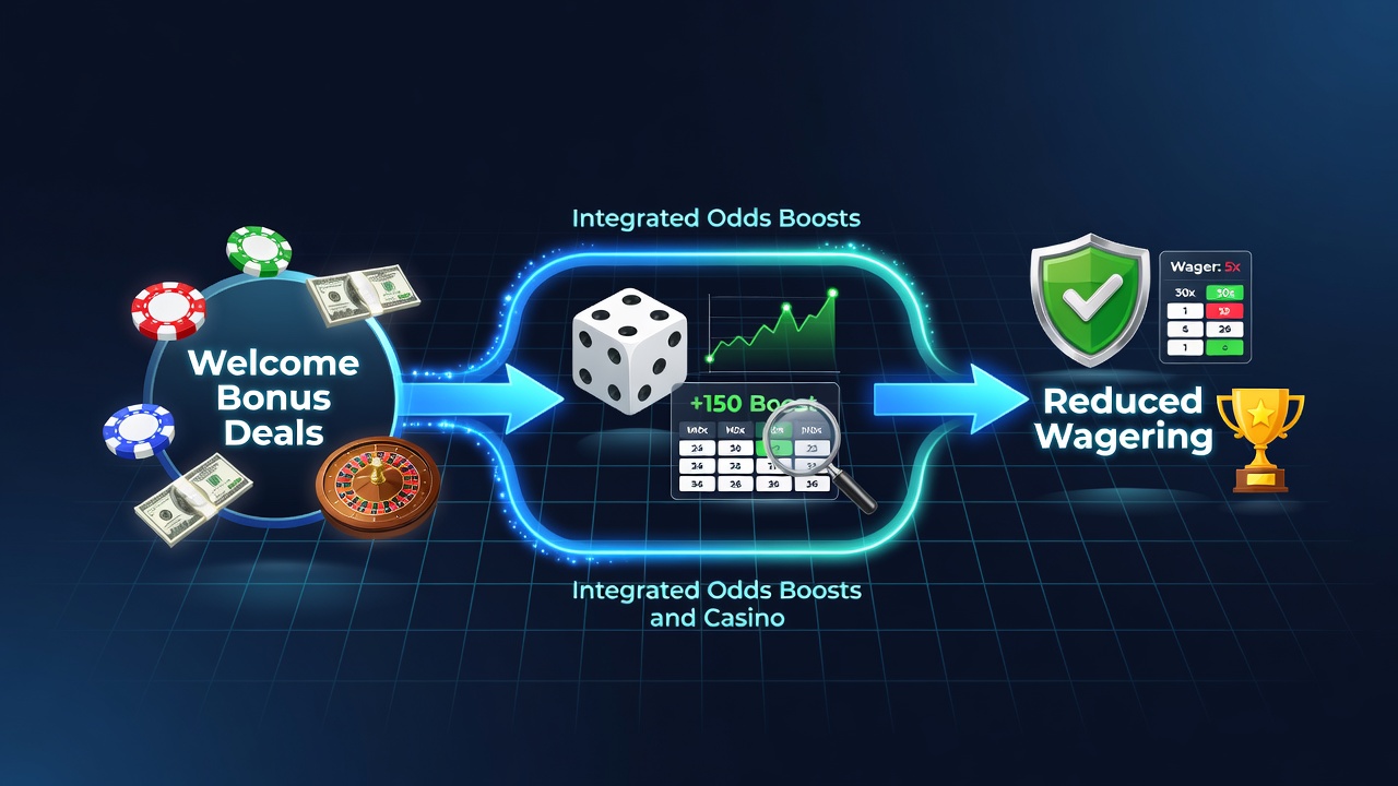Dashboard view inside a mobile casino app displaying combined bonus progress, odds boost selections, and casino perk redemptions